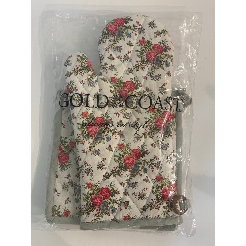 Vintage Gold Coast 3PC Floral Oven Mit Potholder Set